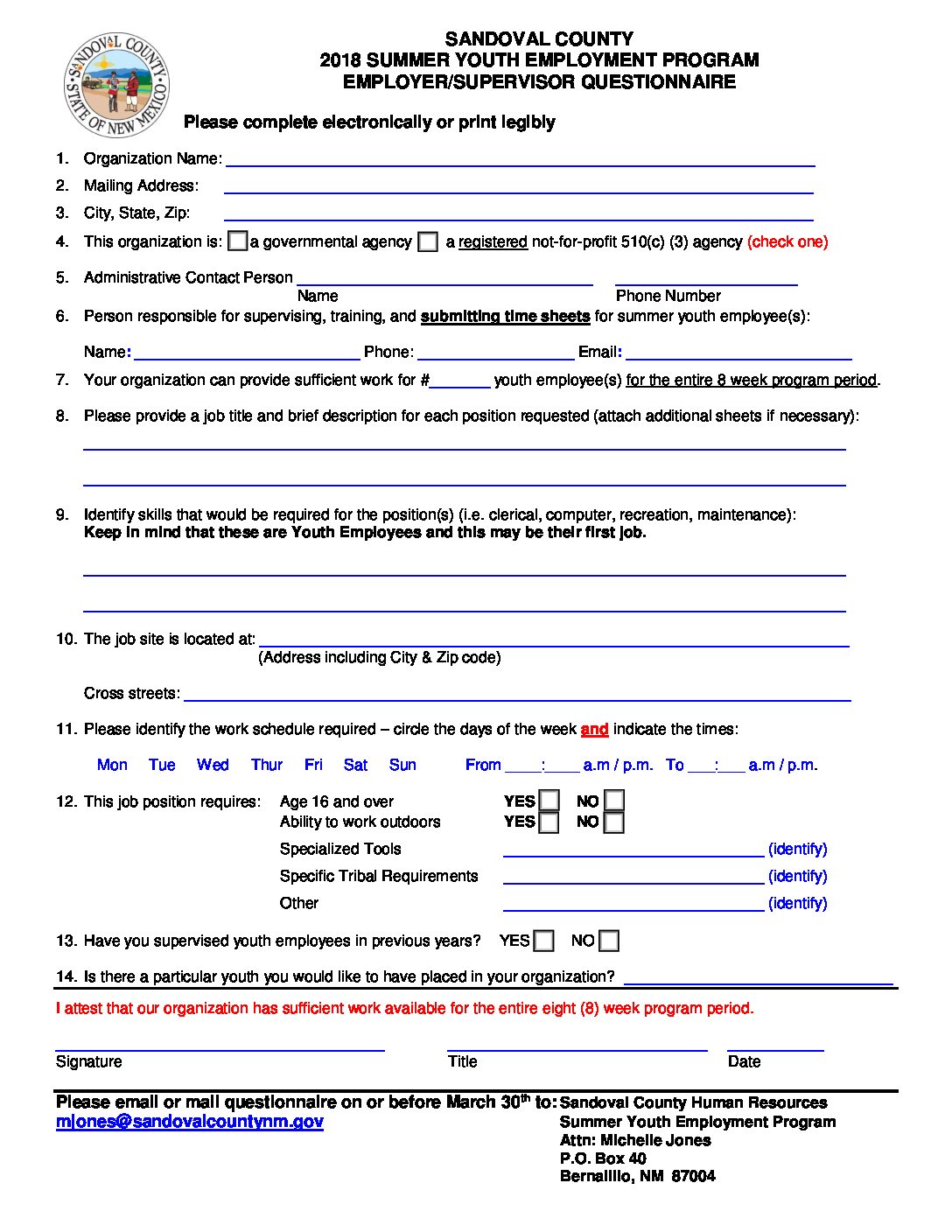 2018syep supervisorquestionnairepacket sandoval county