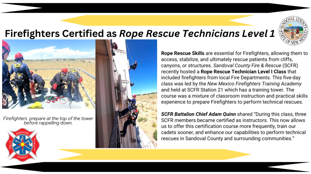 firefighters certified as rope rescue technicians level 1