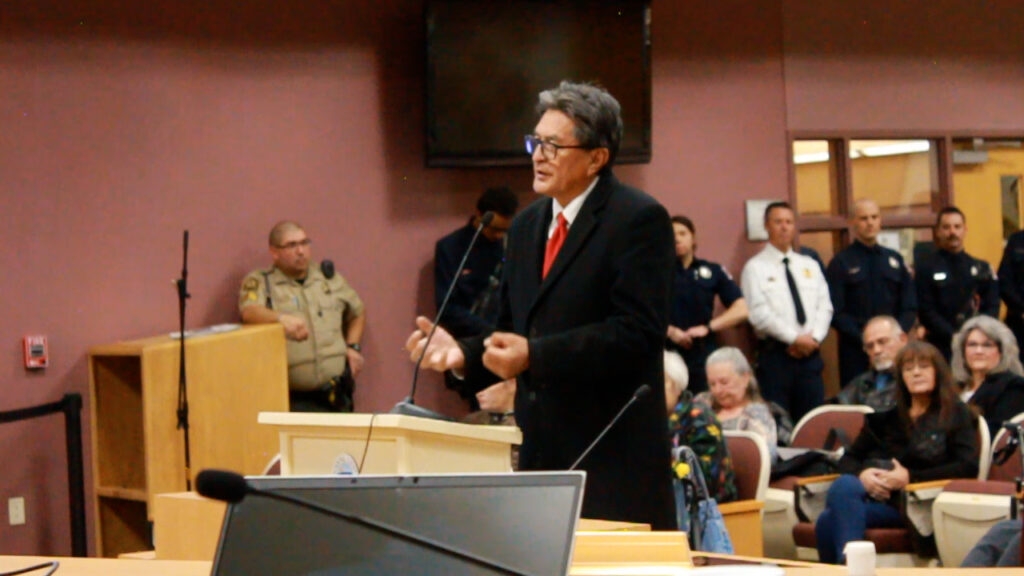 Jicarilla Apache president, Adrian Notsinneh, addressed the County Commission
