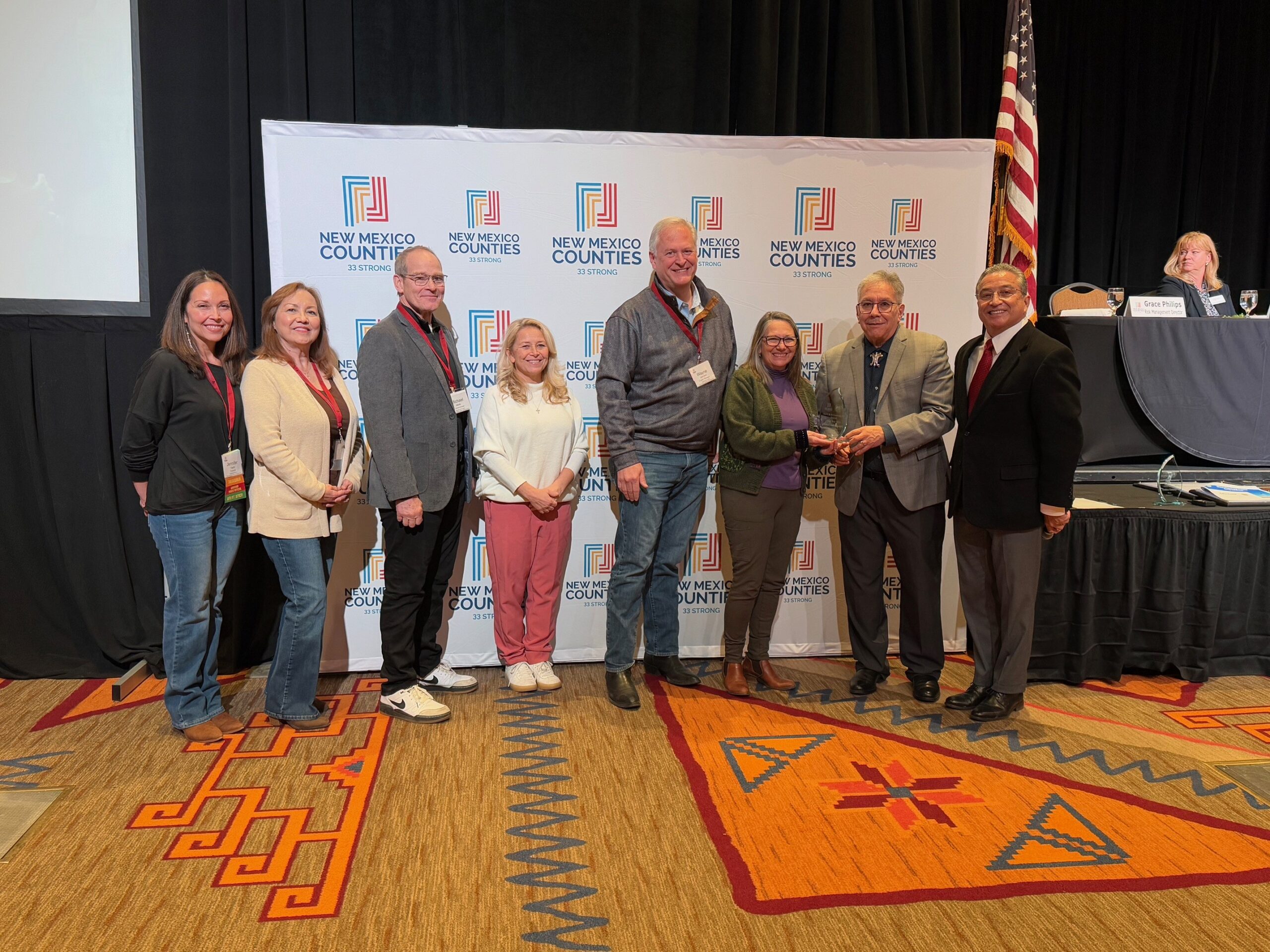 From left to right: Sandoval County Treasurer Jennifer A. Taylor; Sandoval County Clerk Anne Brady-Romero; Chair Michael Meek, District 3; Sandoval County Assessor, Linda P. Gallegos; Commissioner Katherine A. Bruch, District 1; Deputy State Auditor Ricky Bejarano; and State Auditor Joseph Maestas
