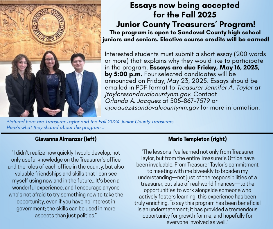 Now accepting essays for the Fall 2025 Junior County Treasurers' Program!