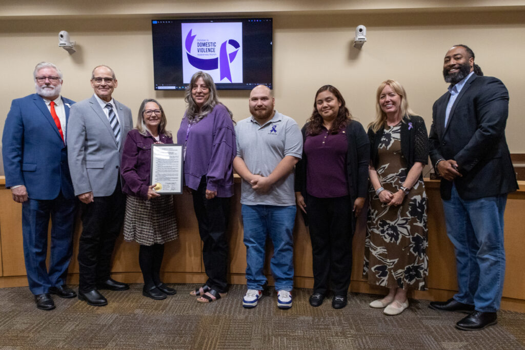 Pictured (from left): Sandoval County Commissioners Jon Herr, District 2, Chair Michael Meek, District 3, Katherine A. Bruch, District 1, Members of Haven House Shelter, Shana Aldahl, and
Joshua Jones, District 5