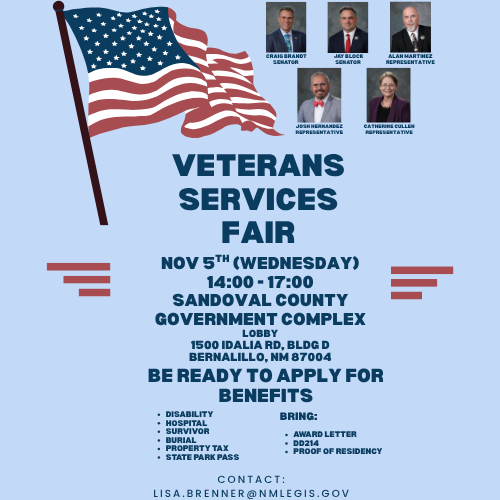 Veterans Services Fair on Wednesday, November 5th, from 2PM - 5PM at the Sandoval County Government Complex