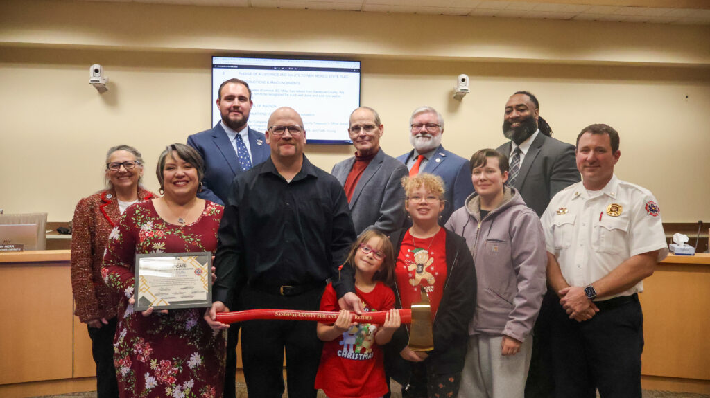 Back row from left: Commissioner Katherine A. Bruch, District 1; Vice Chair Jordan Juarez, District 4; Chair Michael Meek, District 3; Commissioner Jon Herr, District 2; Commissioner Joshua Jones, District 5