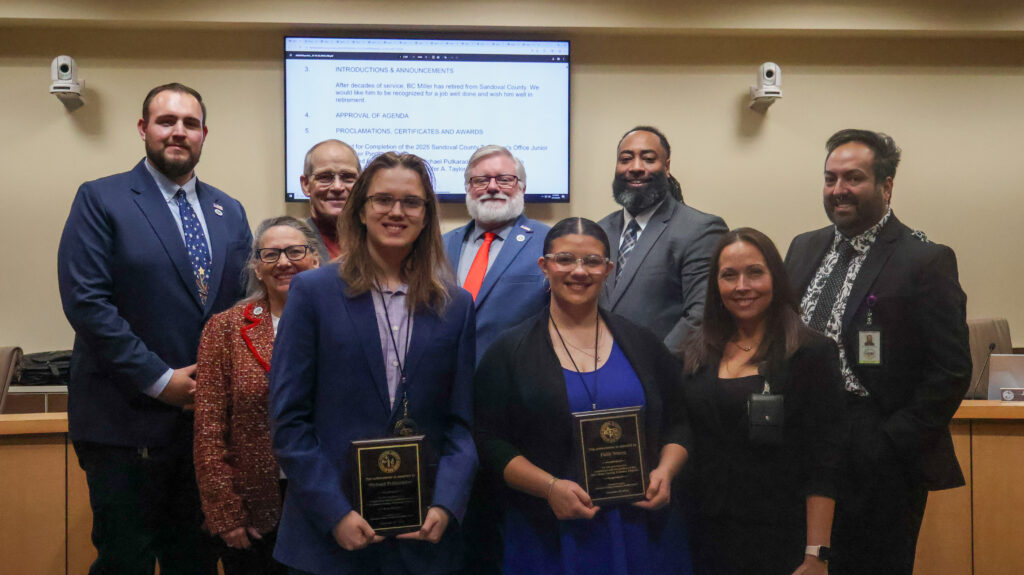 Back row from left: Vice Chair Jordan Juarez, District 4; Commissioner Katherine A. Bruch, District 1; Chair Michael Meek, District 3; Commissioner Jon Herr, District 2; Commissioner Joshua Jones, District 5