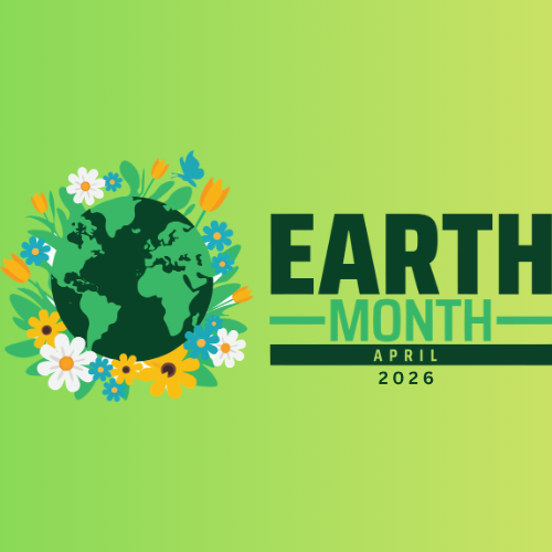 Earth Month April text with a green globe surrounded by flowers and a butterfly.