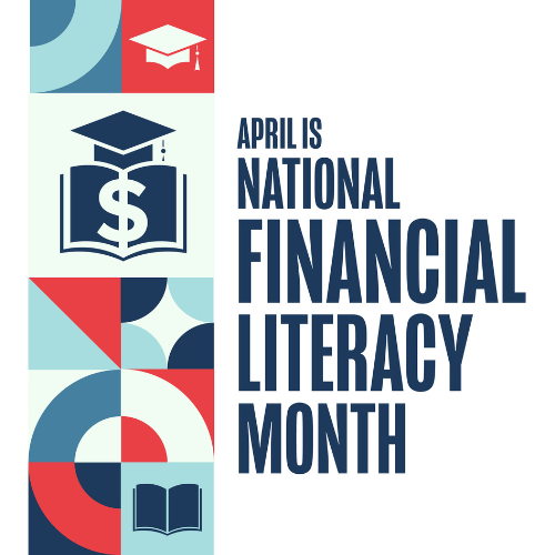 April is National Financial Literacy Month with icons of graduation caps and books with a dollar sign.