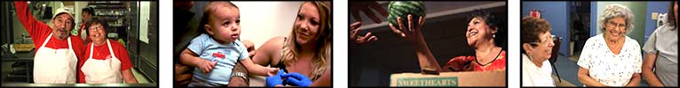4 photos. A couple in a kitchen, a women with her baby, a women giving out a watermelon and 3 elderly people sitting together
