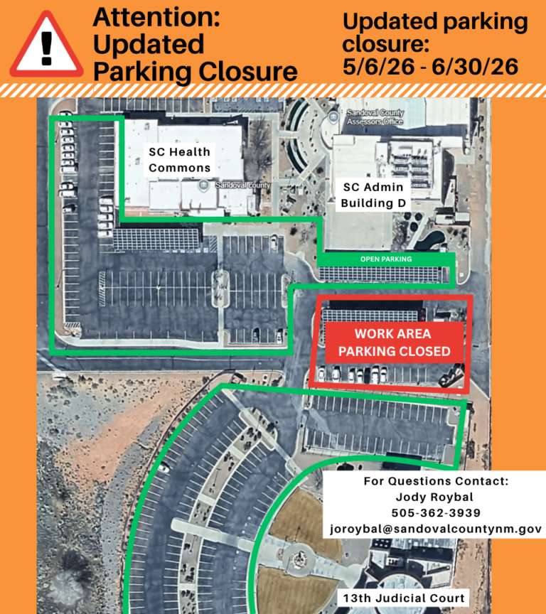 Aerial map of a parking area with a red box highlighting a closed section labeled "WORK AREA PARKING CLOSED" and a green outline indicating parking areas. Text overlays provide information about an "Updated Parking Closure" from 5/26 - 6/30/26, identifying buildings as "SC Health Commons" and "SC Admin Building D," and including contact information for questions.