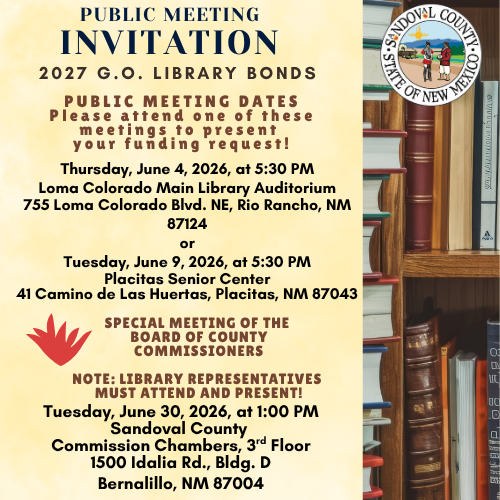 Public meeting invitation for 2027 G.O. Library Bonds, with dates and locations for two public meetings and a special meeting of the Board of County Commissioners.