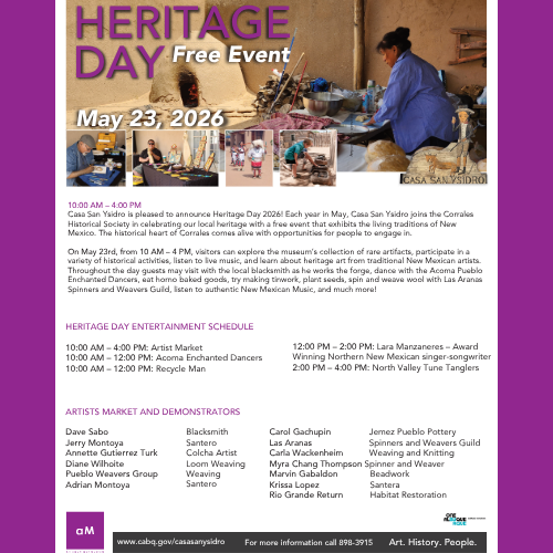 Heritage Day Free Event on May 23, 2026, at Casa San Ysidro, featuring a historical reenactment, artisan market, and live music showcasing New Mexican traditions.