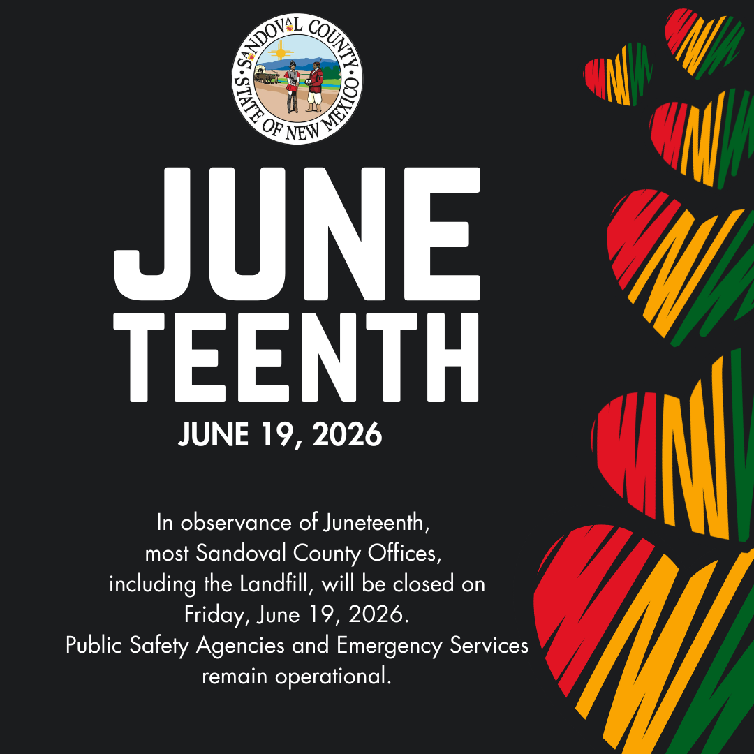 Juneteenth announcement for Sandoval County, New Mexico, with the date June 19, 2026, and details about office closures.
