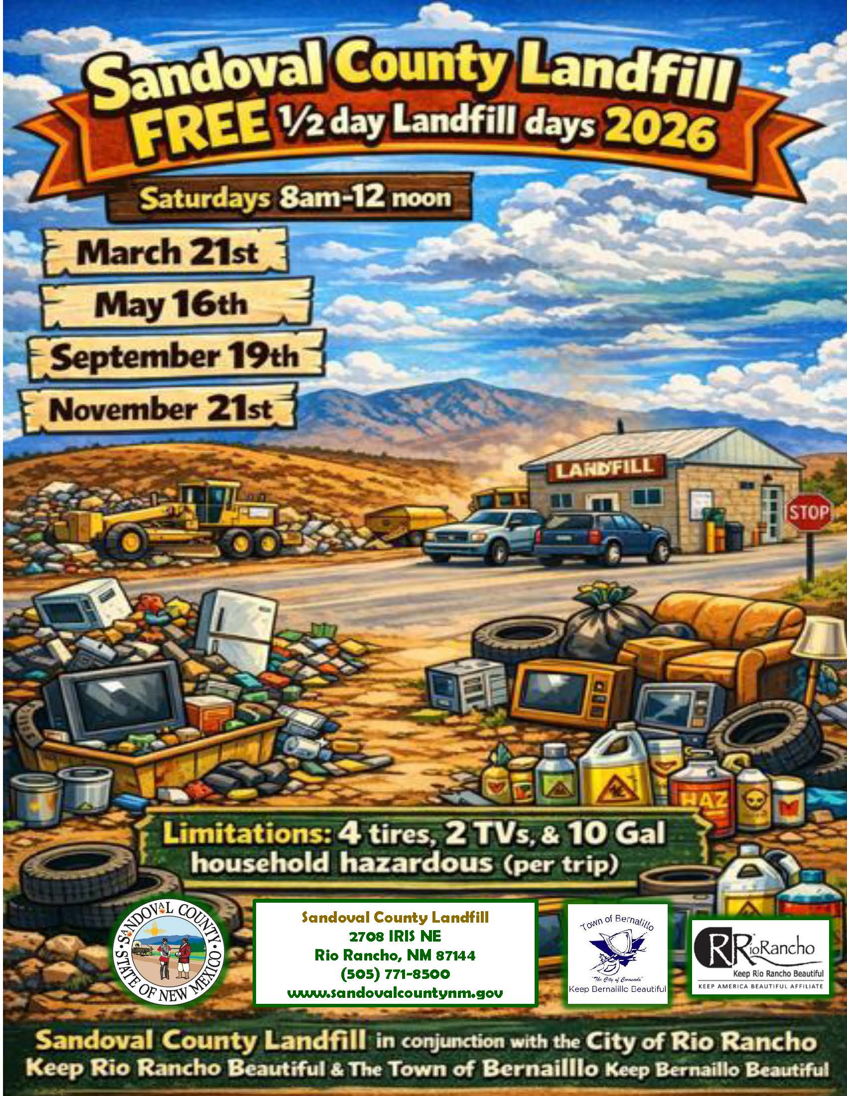 Poster announcing Sandoval County Landfill free half-day landfill events in 2026 on select Saturdays, featuring images of a landfill, construction vehicles, various trash items like tires and appliances, and mountains in the background.