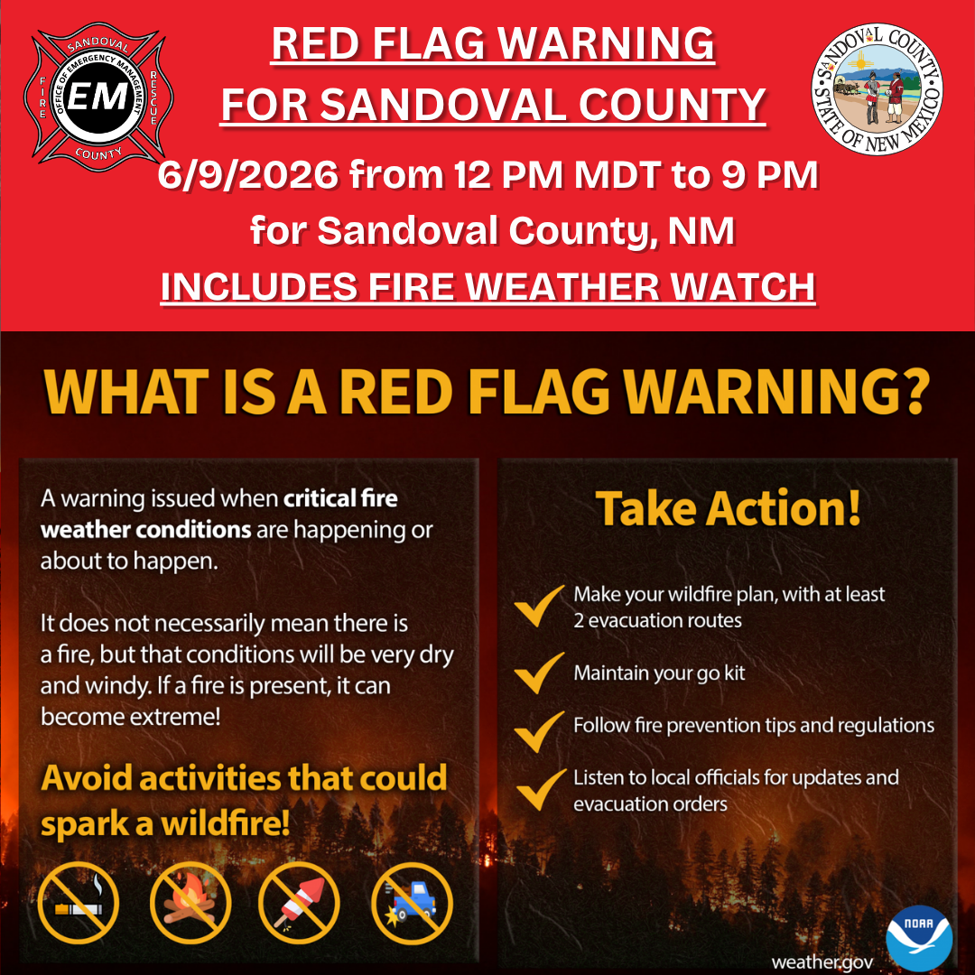 Red Flag Warning for Sandoval County, NM from 12 PM MDT to 9 PM on 6/9/2026, including a Fire Weather Watch. The image explains what a Red Flag Warning is and provides actions to take, such as making a wildfire plan, maintaining a go kit, following prevention tips, and listening to local officials. It also shows icons representing activities to avoid that could spark a wildfire.