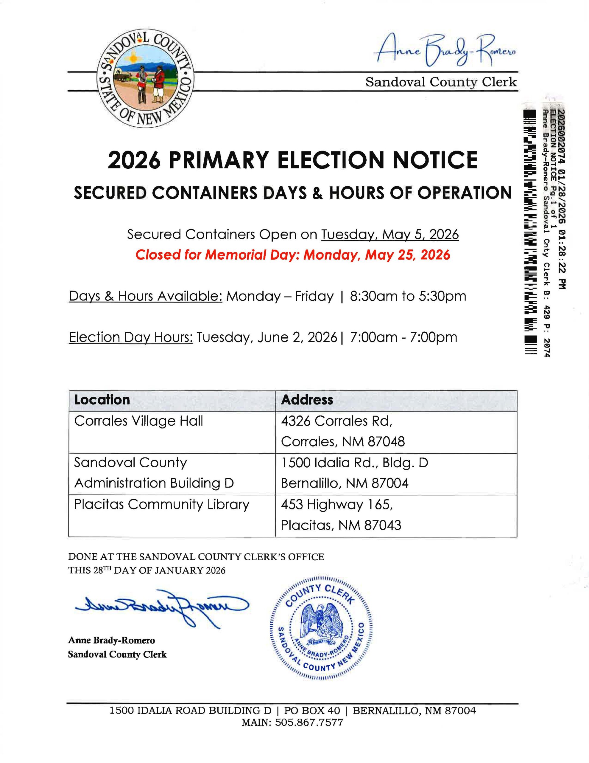Official notice from Sandoval County, New Mexico, regarding the 2026 Primary Election, detailing secured container opening dates, holiday closure for Memorial Day, operating hours, and locations with addresses for voter access.