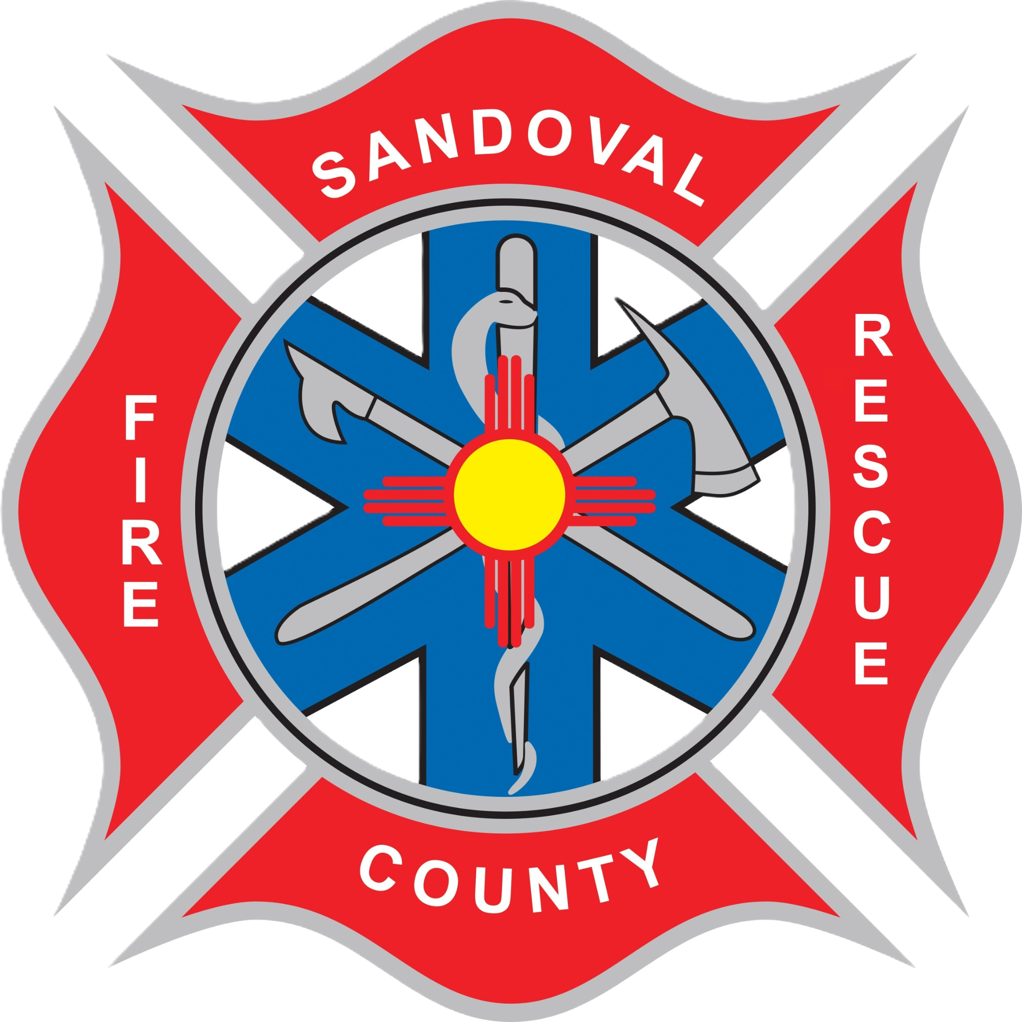 SCFR_Logo_transparent_2026 Emblem of Sandoval County Fire Rescue featuring a red Maltese cross with a blue star of life in the center. The star of life has a yellow sun symbol with red rays and a white serpent entwined around a red staff. A grey axe and a grey fire hose nozzle are crossed behind the star of life. Red flames flank the left and right sides of the cross. Text around the emblem reads "SANDOVAL COUNTY" at the top and "FIRE" and "RESCUE" vertically on the left and right sides respectively.