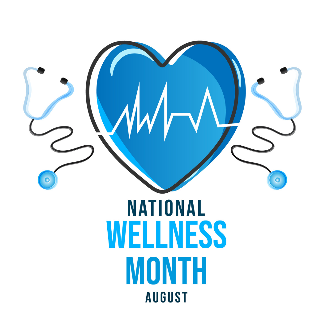 WellnessMonth Illustration celebrating National Wellness Month in August, featuring a blue heart with a cardiogram, flanked by two stethoscopes on a white background.