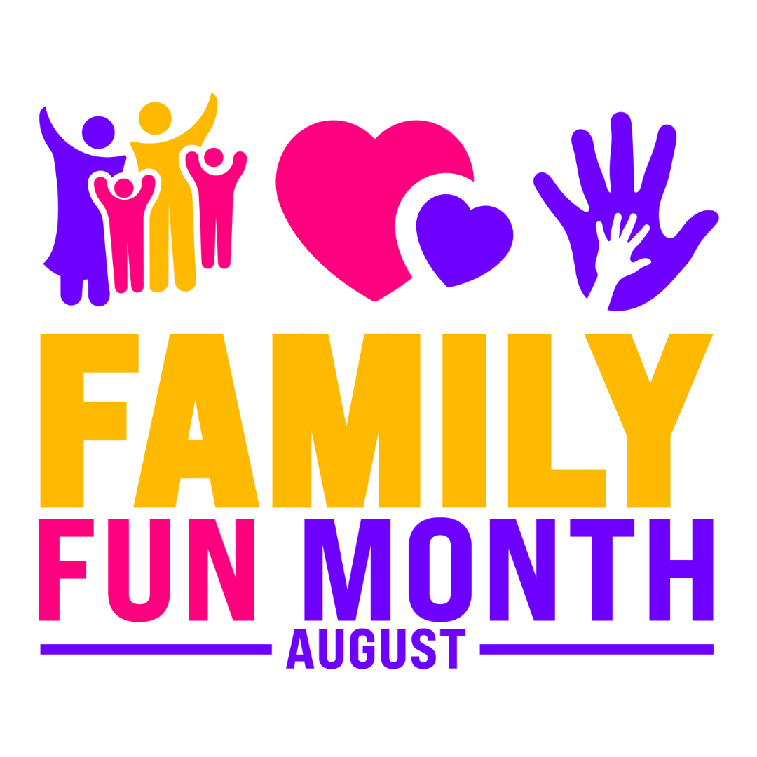 familyfunmonth_august Colorful graphic promoting "Family Fun Month" in August, featuring icons of a stylized family, hearts, and hands.