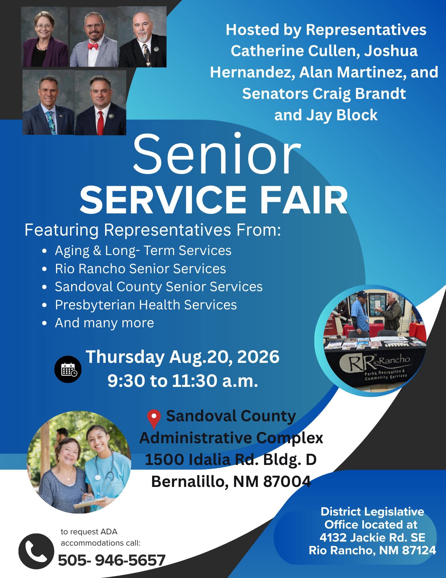 SeniorServices_8102026 Poster for a Senior Service Fair hosted by elected officials, featuring aging and long-term services, Rio Rancho Senior Services, Sandoval County Senior Services, and Presbyterian Health Services. The fair takes place on Thursday, August 20, 2026, from 9:30 AM to 11:30 AM at the Sandoval County Administrative Complex in Bernalillo, NM. An image depicts two women, one appearing to be a senior citizen and the other a healthcare professional, smiling.