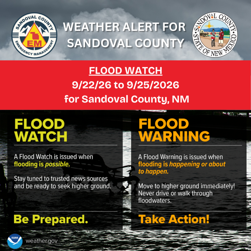 Weather alert for Sandoval County, NM, announcing a Flood Watch from 9/22/26 to 9/25/2026. The alert provides information distinguishing between a Flood Watch and a Flood Warning, with advice for preparedness and action during potential flooding events.