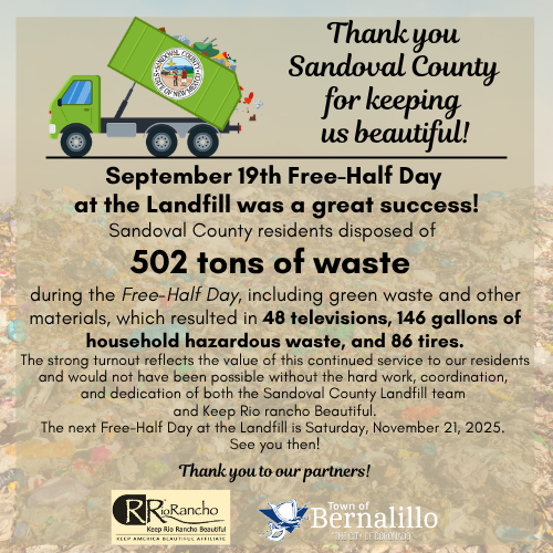 September Half-Day Landfill Day report 09192026 Graphic announcing the success of Sandoval County's Free-Half Day at the Landfill on September 19th, which resulted in the disposal of 502 tons of waste, including green waste, 48 televisions, 146 gallons of household hazardous waste, and 86 tires. The graphic features a cartoon of a green garbage truck tipping its load and thanks Sandoval County for keeping the area beautiful. It also notes the next Free-Half Day will be on Saturday, November 21, 2025, and thanks partners Rio Rancho and the Town of Bernalillo.