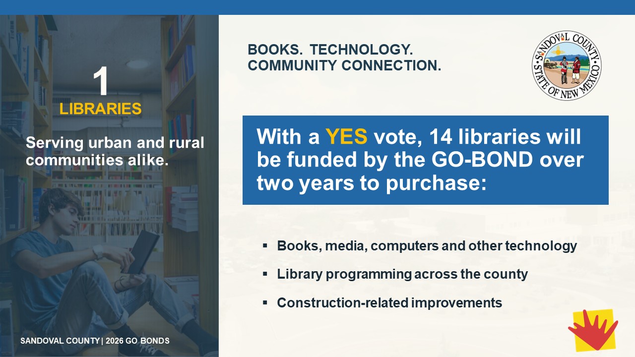 Brochure slide for Sandoval County 2026 GO Bonds, featuring "1 LIBRARIES" with the tagline "Serving urban and rural communities alike." A young person sits on the floor in a library, looking at a tablet. The right side of the slide highlights that a YES vote will fund 14 libraries to purchase books, media, technology, programming, and construction improvements. The Sandoval County seal is also visible.