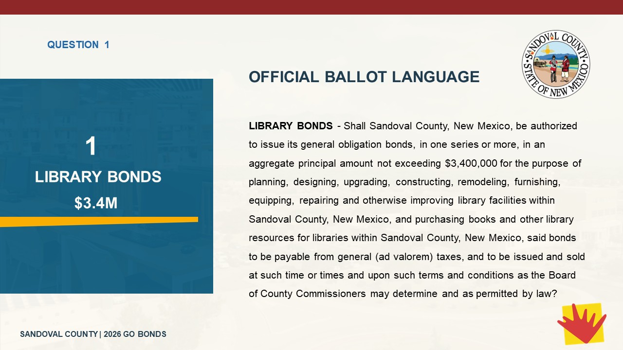 Presentation slide detailing Question 1 regarding Library Bonds for Sandoval County, New Mexico, with official ballot language authorizing up to $3,400,000 for library improvements and book purchases, alongside the Sandoval County seal and a graphic element.