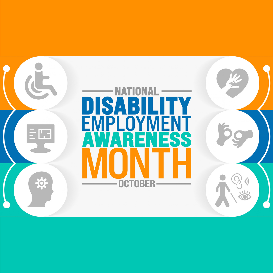 nationaldisabilityemployementawarenessmonth Graphic for National Disability Employment Awareness Month in October, featuring icons for accessibility, technology, mental health, community support, sign language, and sensory aids.