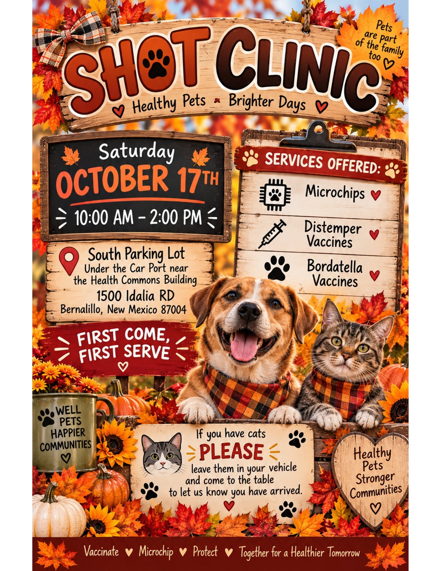 shotclinic Poster advertising a Shot Clinic for pets on Saturday, October 17th, from 10:00 AM to 2:00 PM, located in the South Parking Lot under the Car Port near the Health Commons Building at 1500 Idalia RD, Bernalillo, New Mexico 87004. Services offered include Microchips, Distemper Vaccines, and Bordetella Vaccines. The poster features a happy dog and a cat wearing fall bandanas, surrounded by autumn leaves, pumpkins, and sunflowers. It also includes messages about healthy pets, happier communities, and a special note for cat owners to leave their cats in their vehicles. The bottom of the poster lists "Vaccinate, Microchip, Protect, Together for a Healthier Tomorrow."